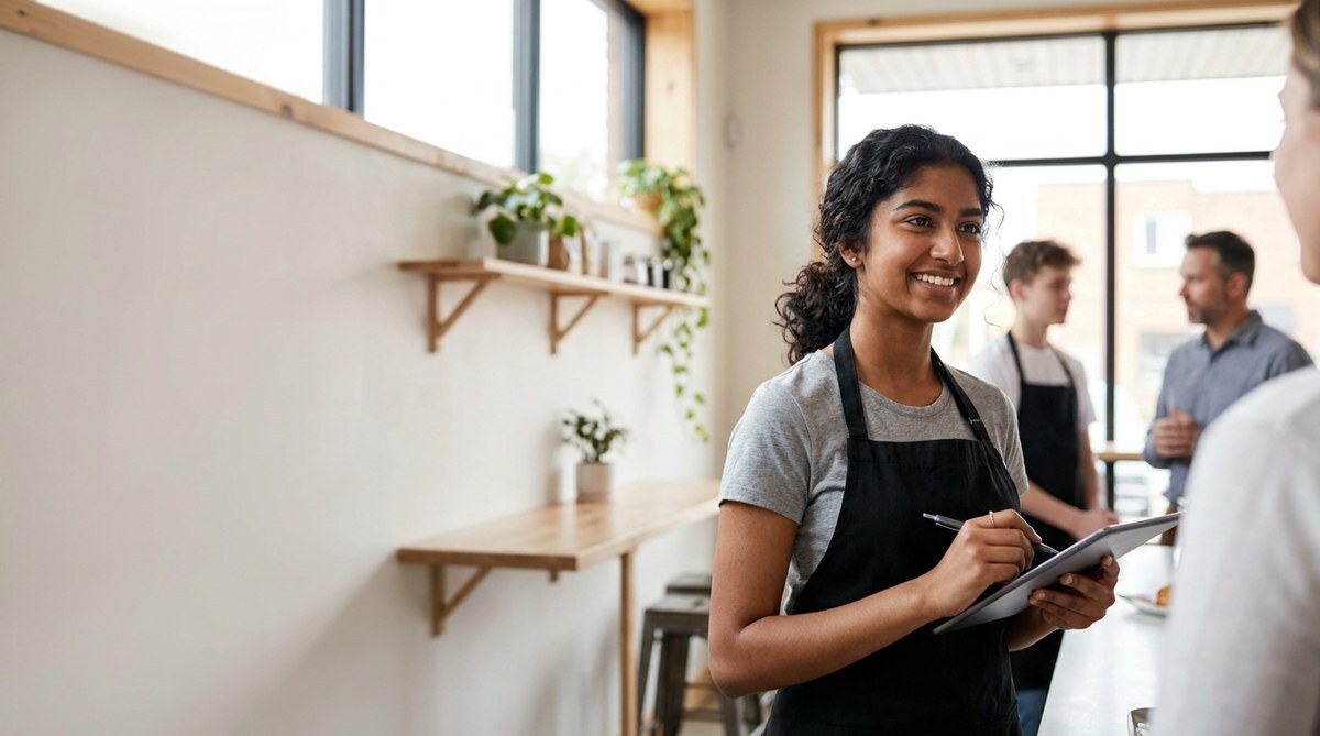 A smiling student taking an order on their first restaurant job