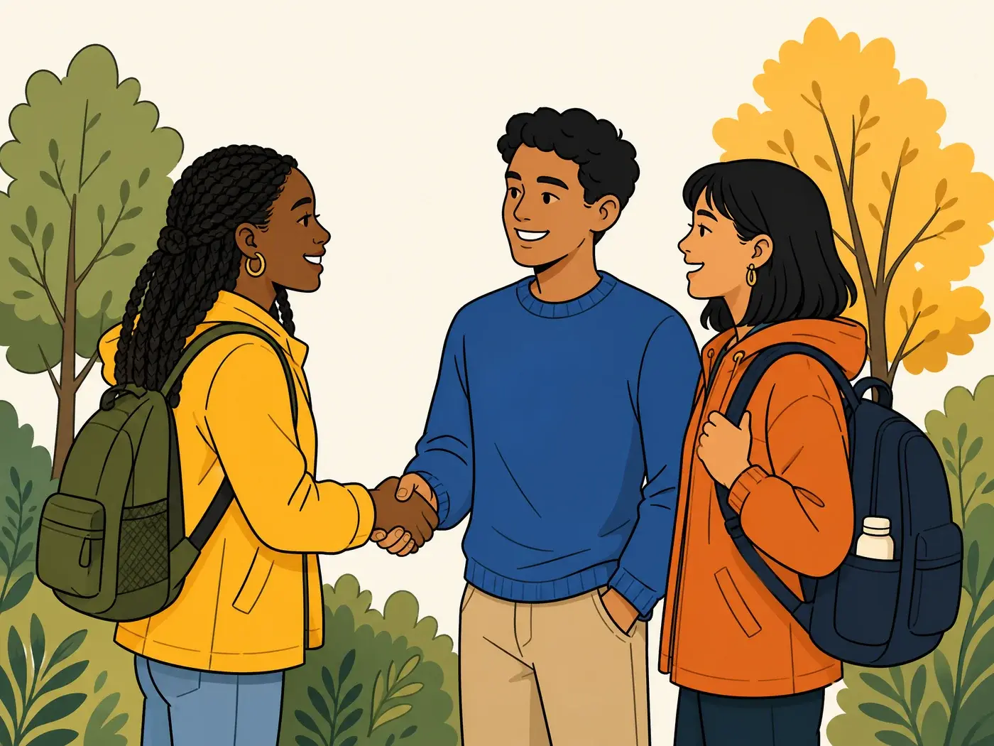 Three people having a friendly conversation