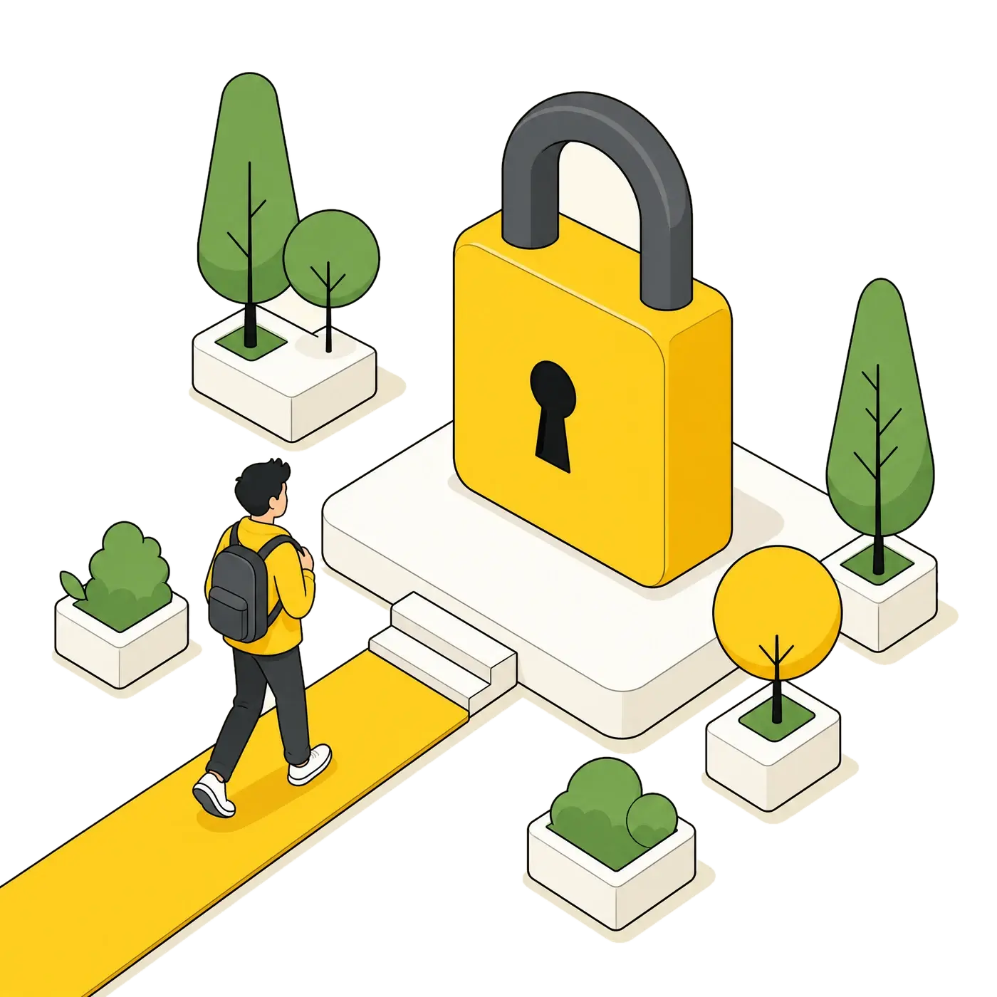A job seeker walking toward a yellow padlock